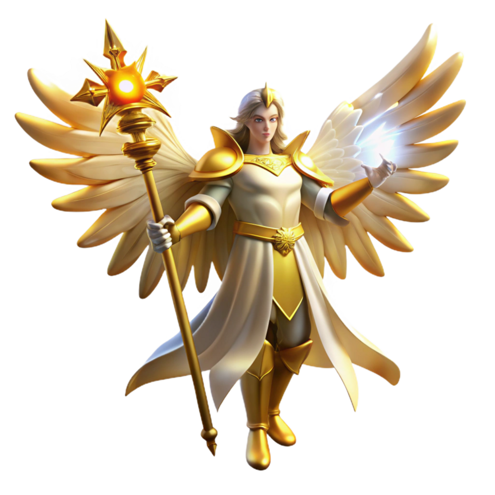 Angelic Warrior Celestial Wings, Golden Armor, and Divine Staff png