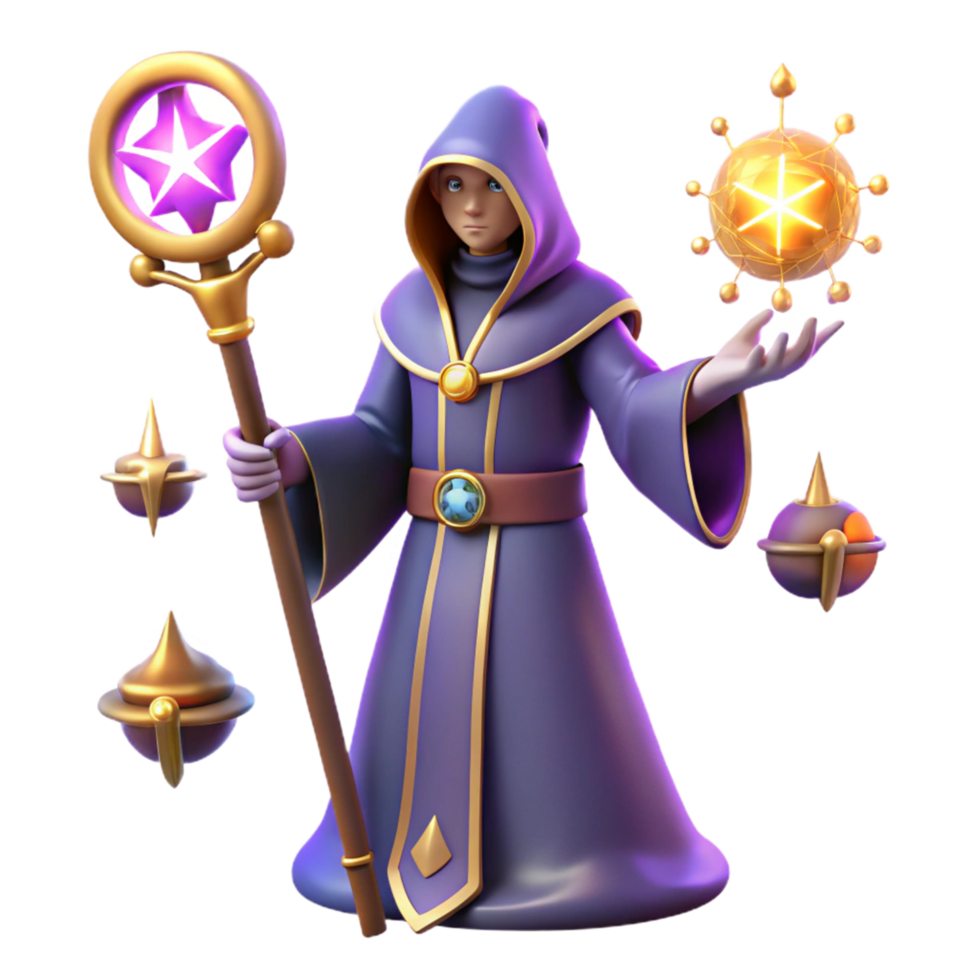 Wizard with Magical Staff and Orbs 3D Render of Fantasy Sorcerer png