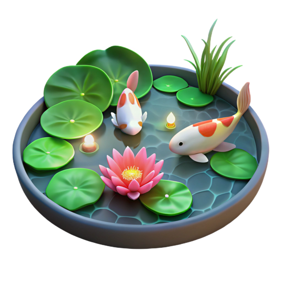 Serene Koi Pond with Lotus Flower 3D Render of Tranquil Aquatic Scene png