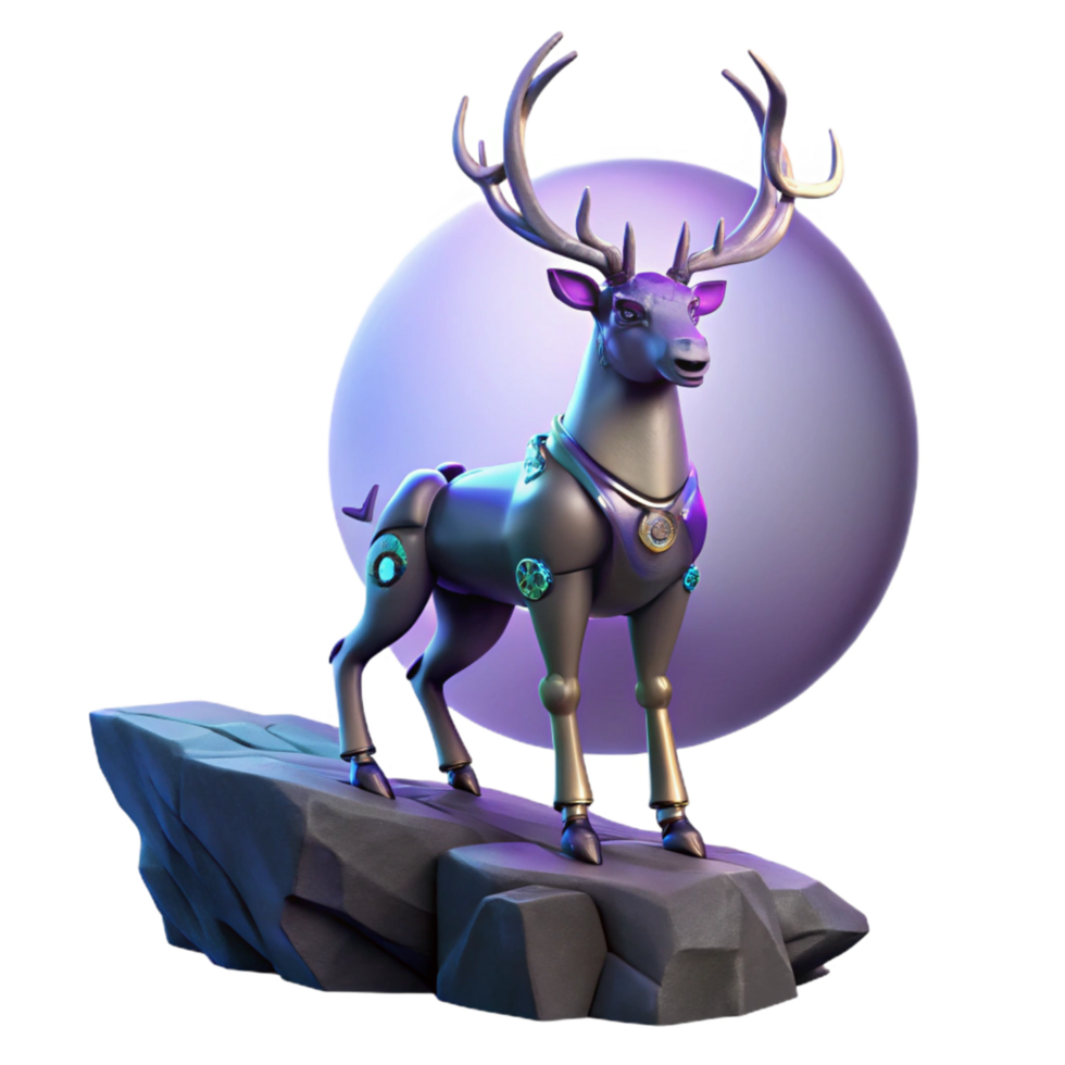 Cybernetic Deer on Moonlit Rock 3D Render png