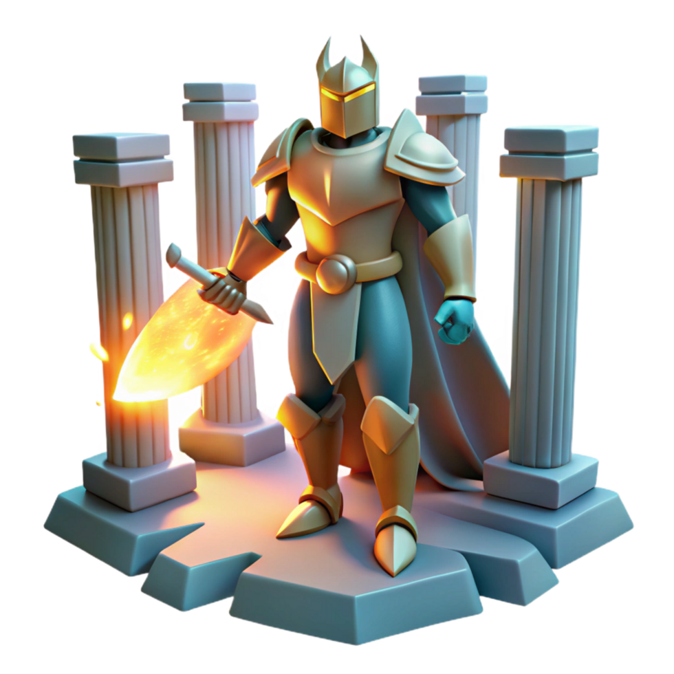 Flaming Sword Knight 3D Render of Fantasy Warrior in Ancient Ruins png