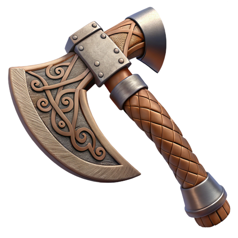 Ornate Bronze Axe with Intricate Celtic Knotwork Design png