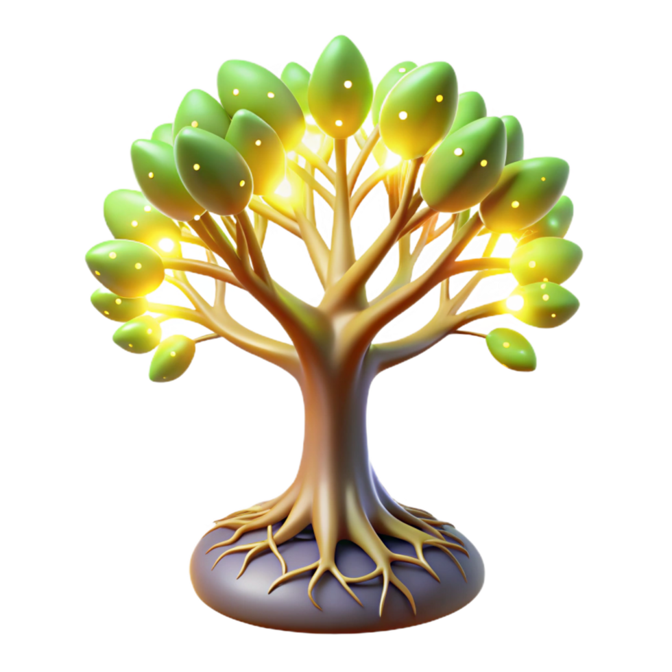 Illuminated Tree 3D Render of Glowing, Stylized Tree with Roots png