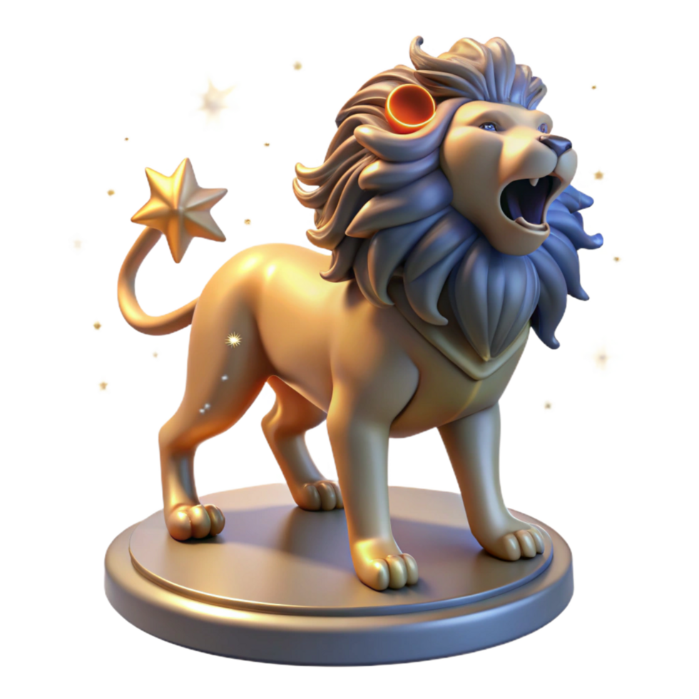 Golden Lion Figurine with Star Tail 3D Render of Majestic Creature png