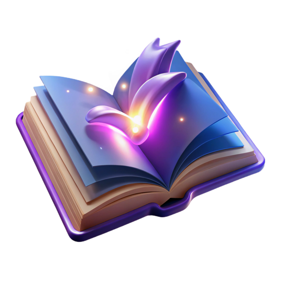 Glowing Book Fantasy, Magic, Mystical Pages, Illuminated Text, Enchanted Story, Purple, Blue, 3D Render, Open Book, Abstract Art png