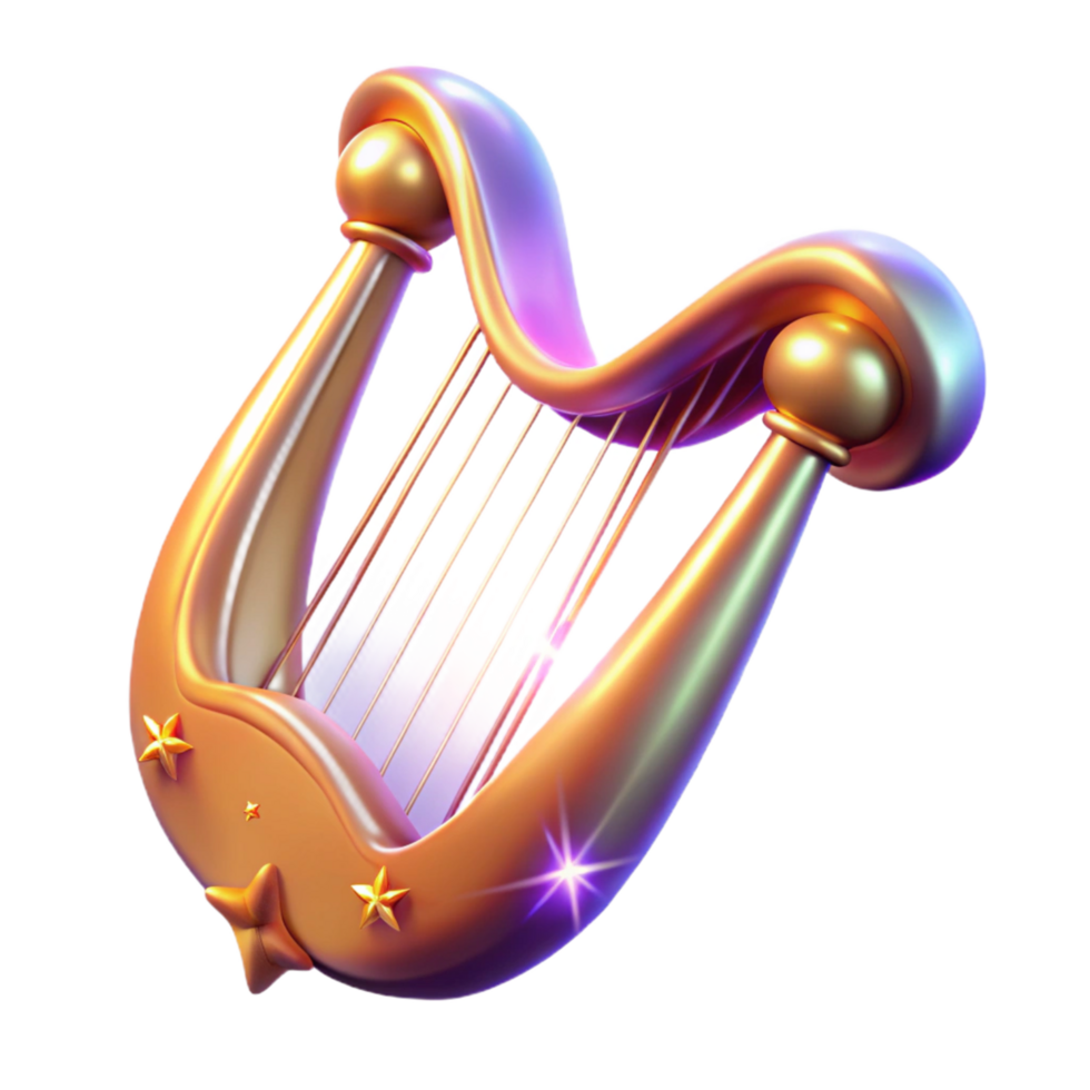 Golden Harp with Stars A 3D Render of a Musical Instrument png