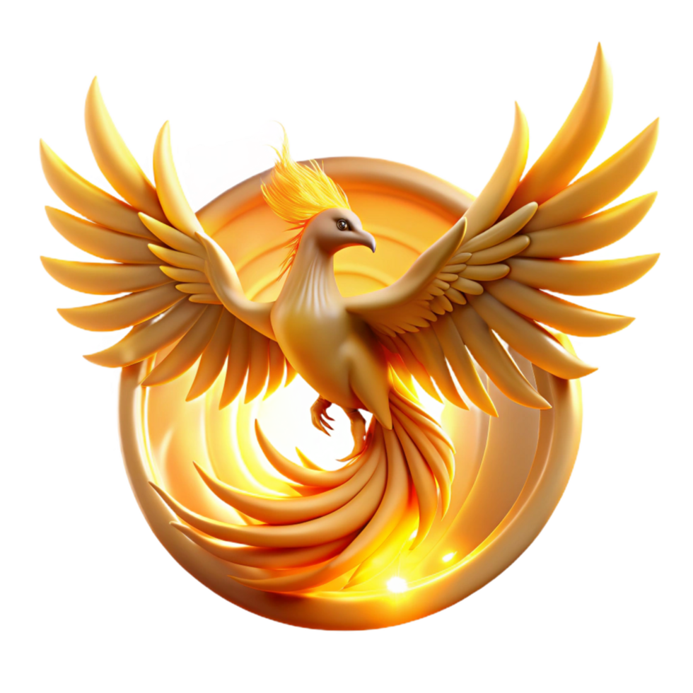 Golden Phoenix Rebirth, Wings, Fire, Mythical Creature, Symbol of Renewal, Eternal Life, Legendary Bird, Circular Design, Art, Fantasy png
