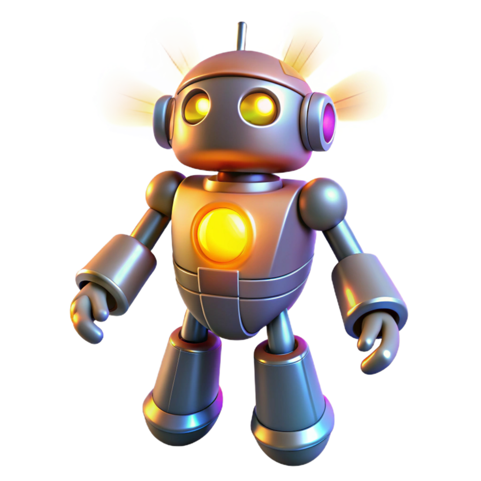 Cute Metal Robot with Glowing Lights 3D Render png