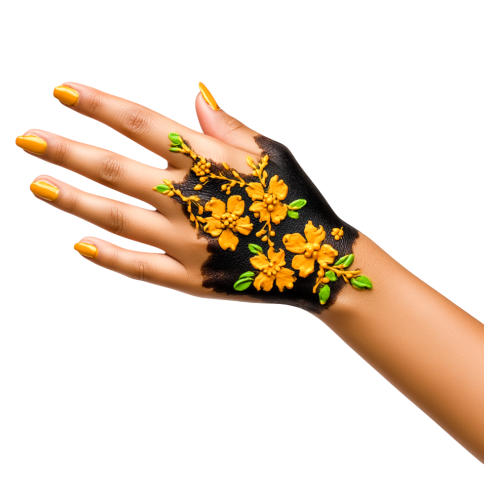 Intricate Hand Design with Black and Yellow Floral Pattern Detail png
