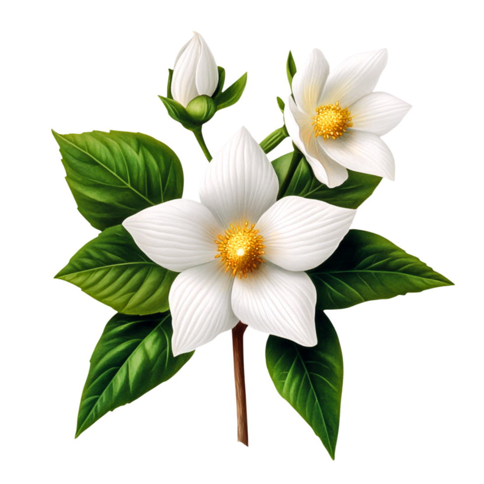 Elegant White Flower with Green Leaves on a Delicate Stem png