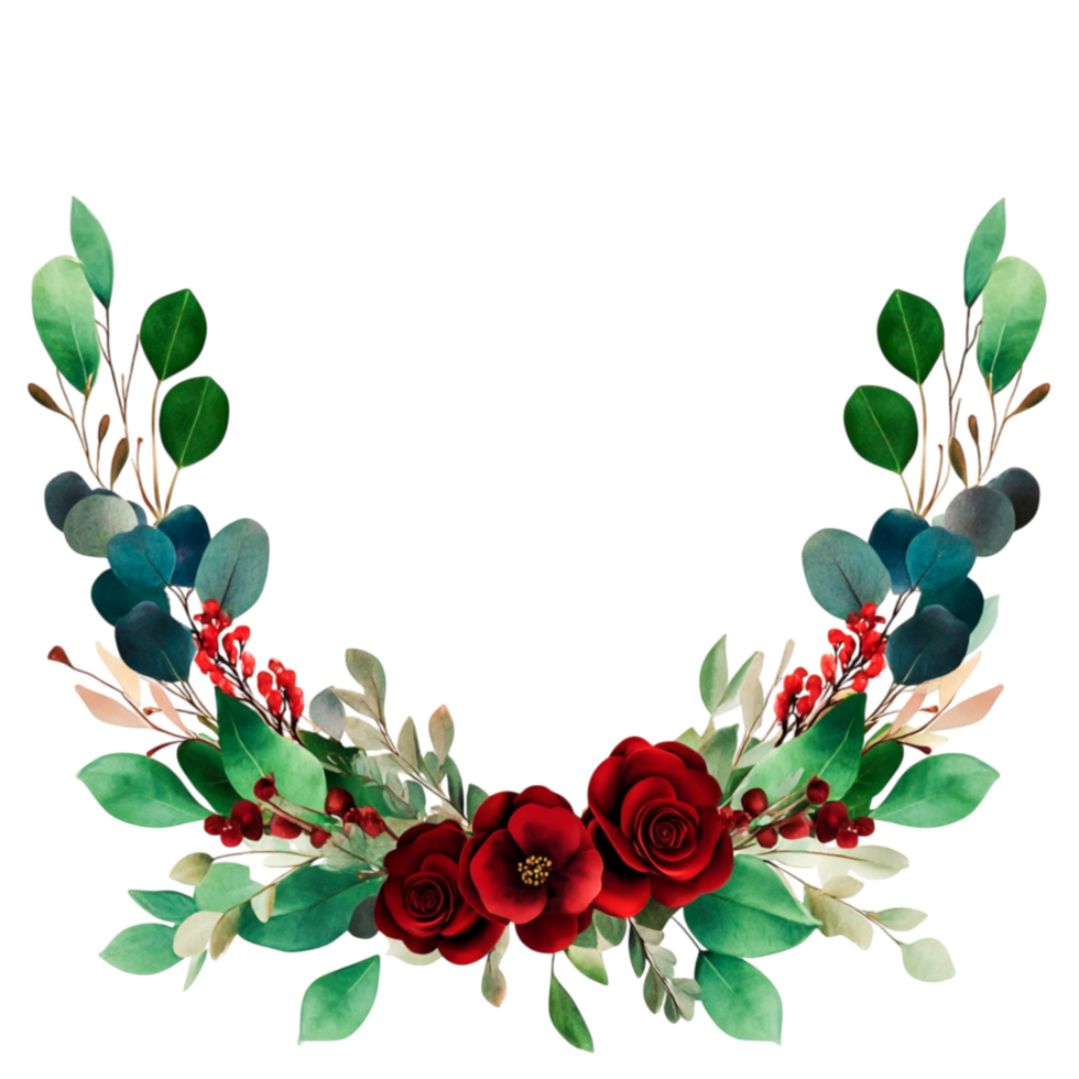 Elegant Floral Arrangement with Red Roses and Green Leaves Design png