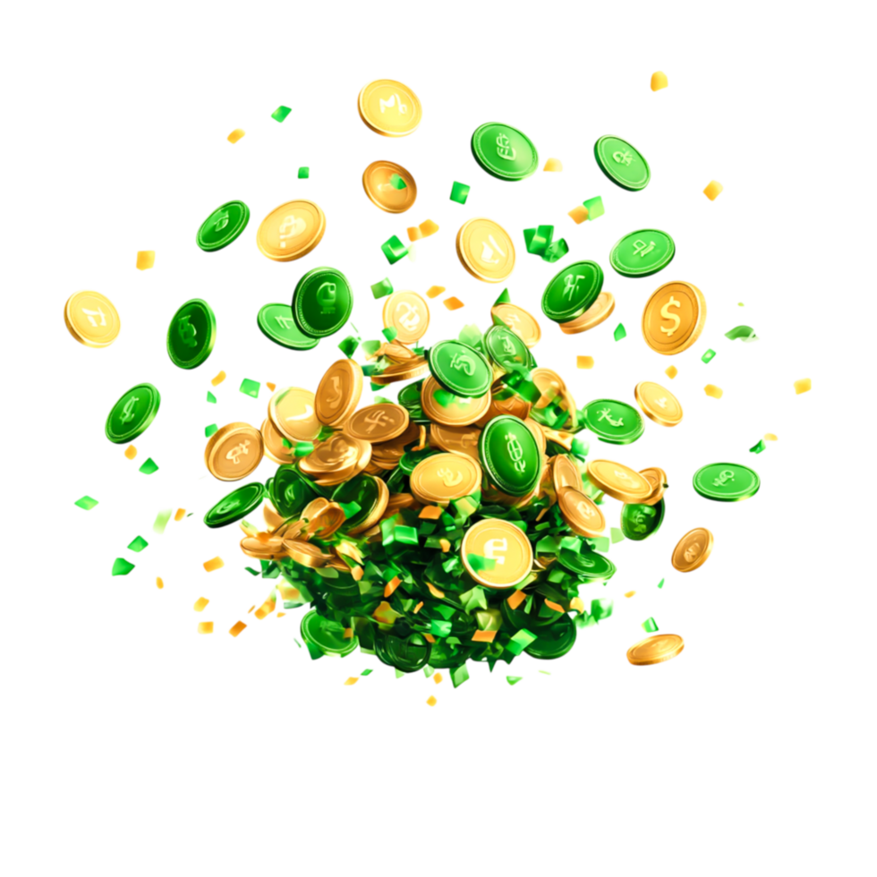 Green and Gold Coins Flying in a Burst of Wealth and Prosperity png