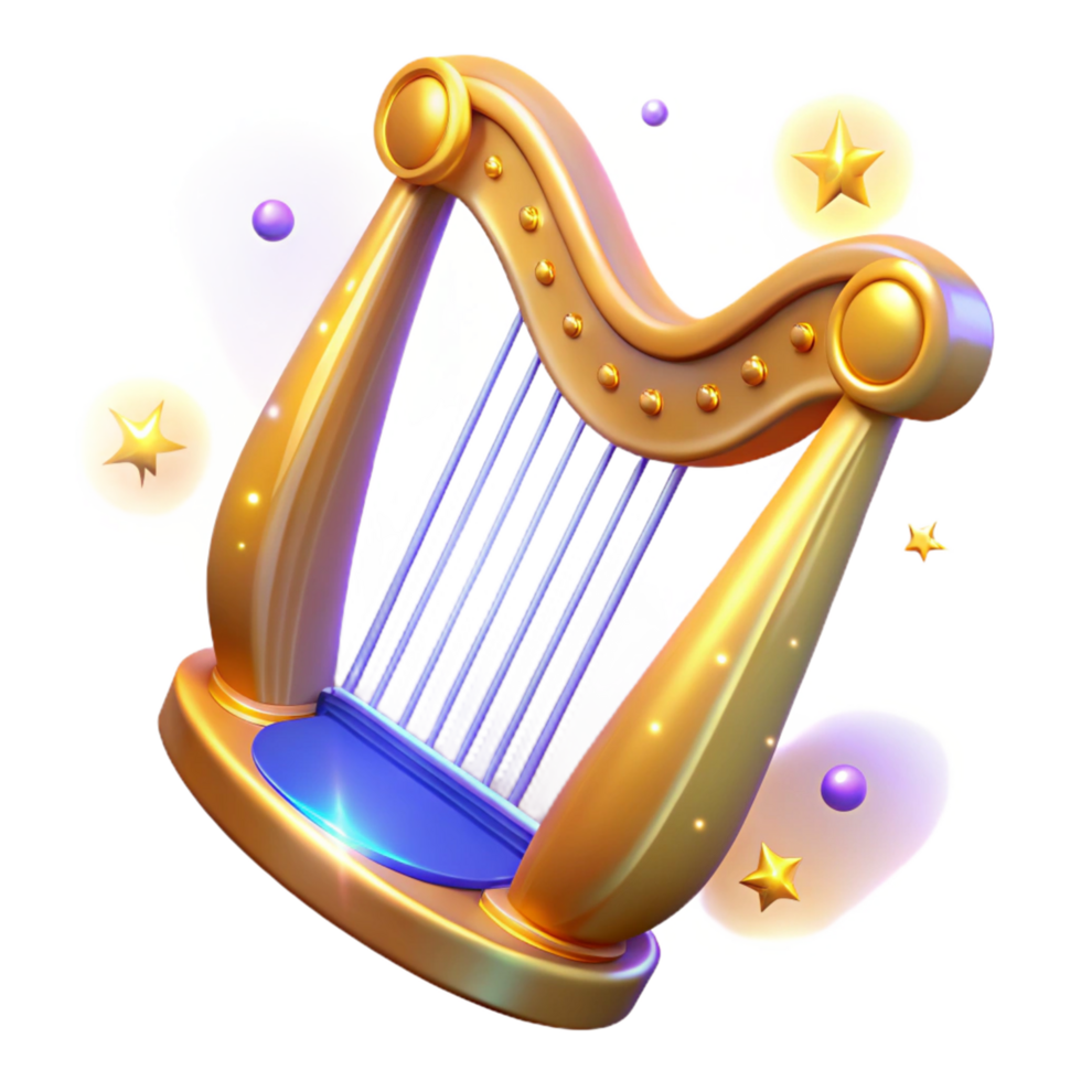 Golden Harp with Magical Stars A 3D Render png