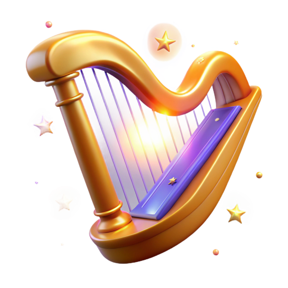Golden Harp with Sparkling Stars A Digital Rendered Musical Instrument png