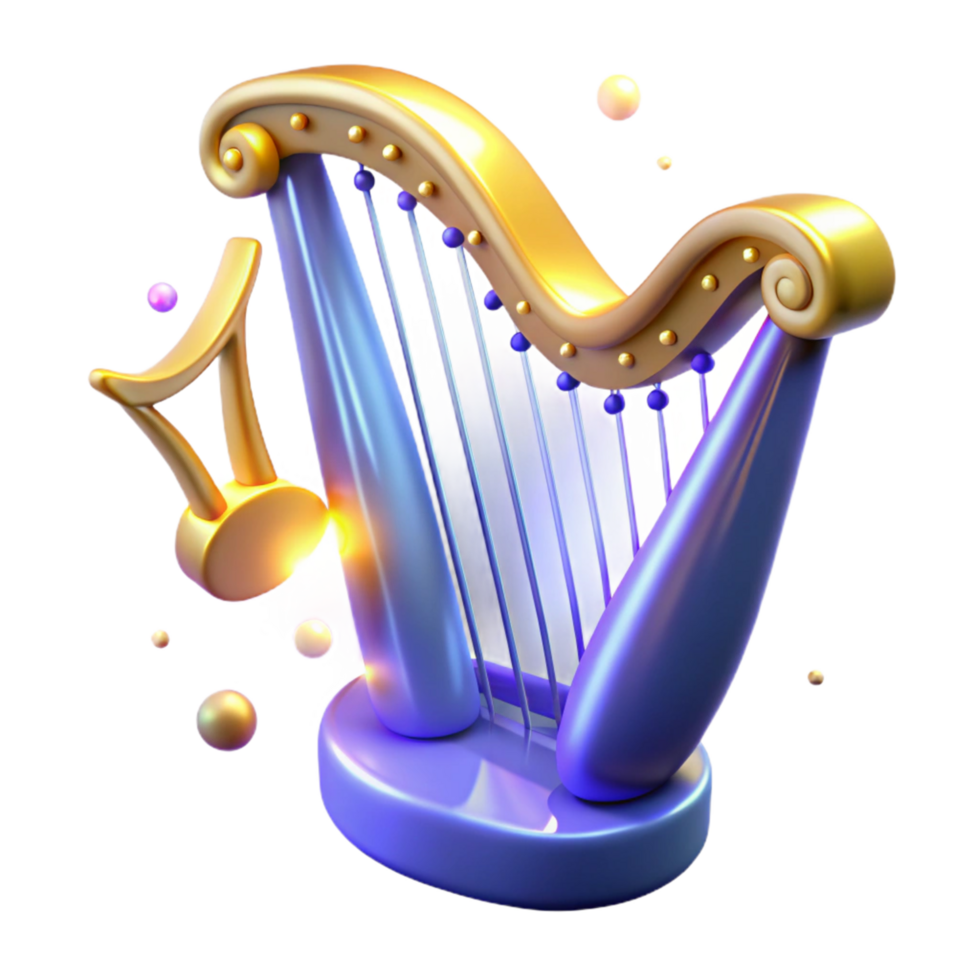 3d render do uma dourado e roxa harpa com musical Nota png