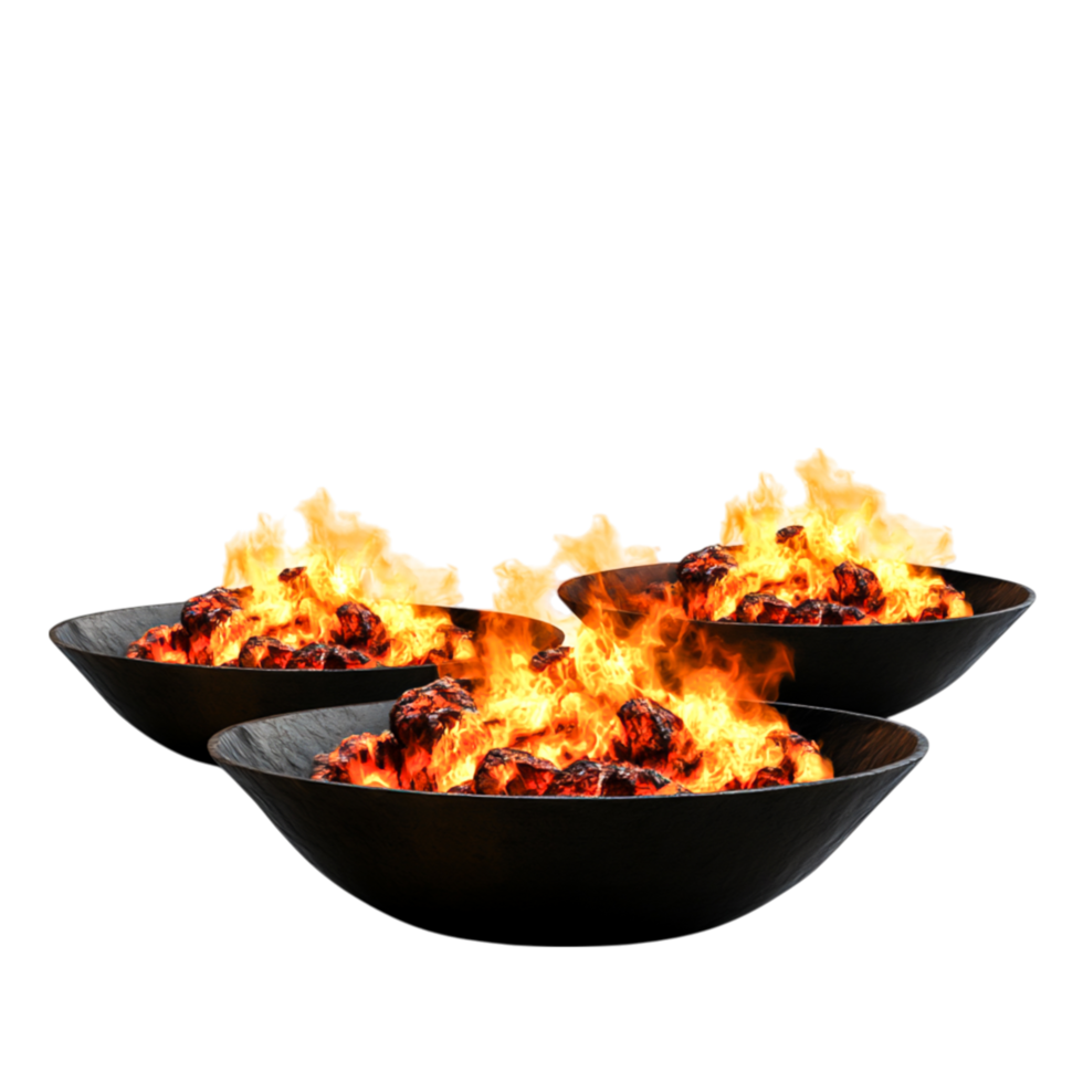 Fiery Grill Bowls with Charred Meat and Vibrant Flames Displaying Heat png