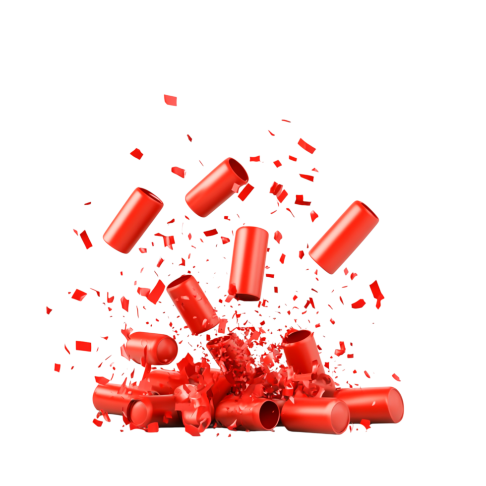 Exploding Red Plastic Capsules and Bits on Transparent Background png