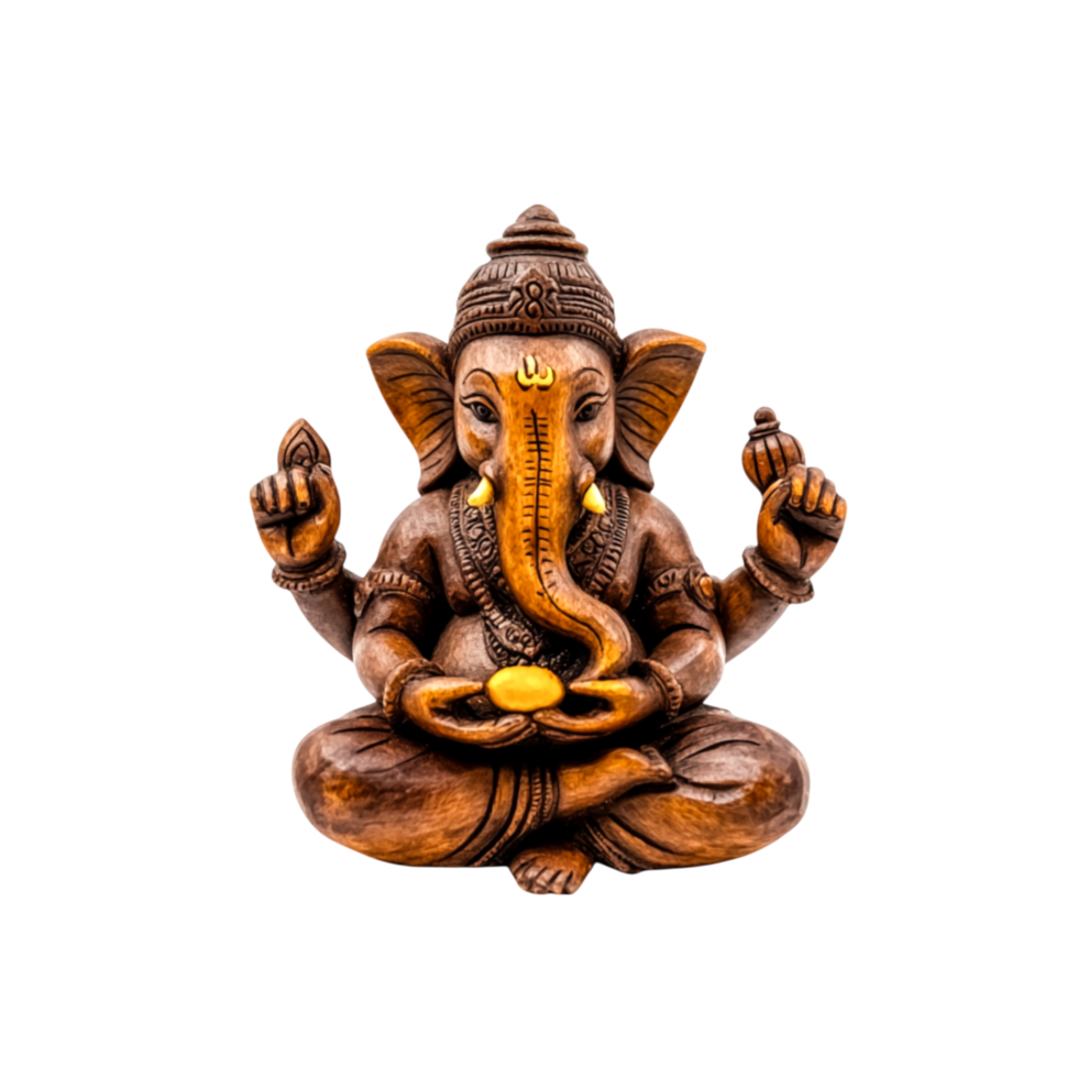 Intricate Wooden Statue of Lord Ganesha with Detailed Carvings png
