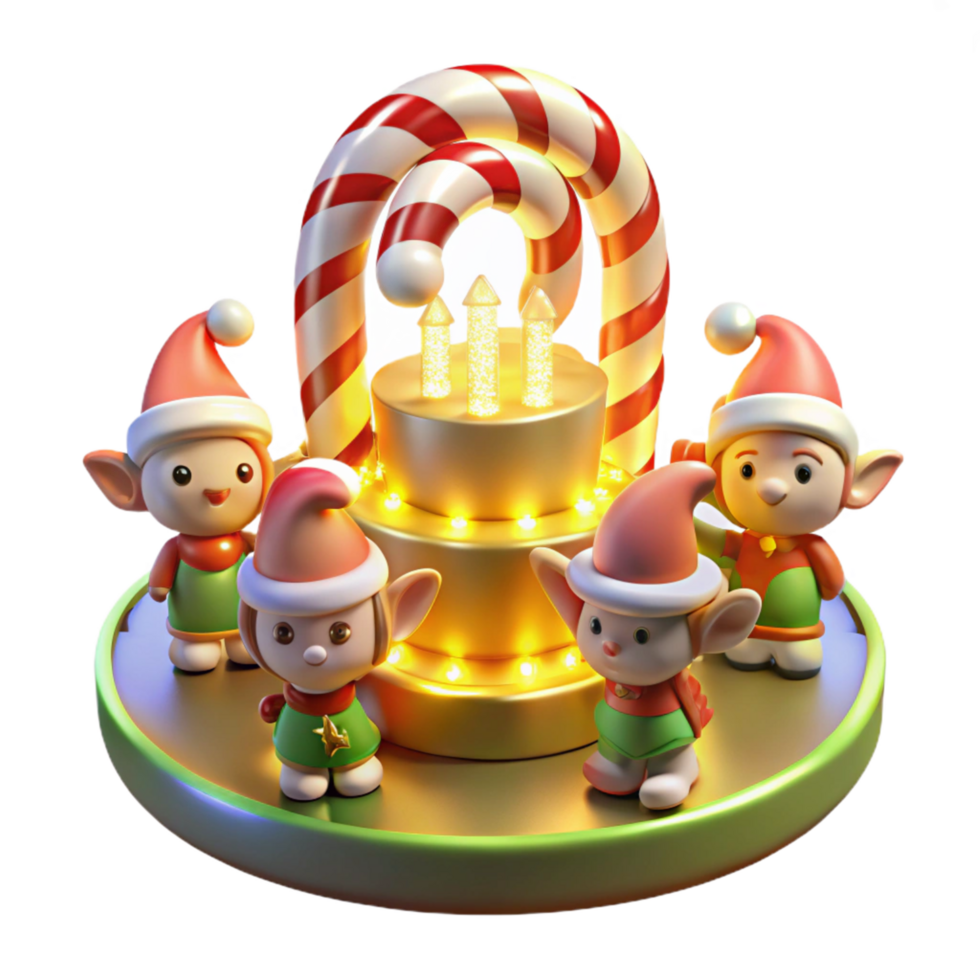Festive Elves, Candy Cane, and Illuminated Cake A 3D Christmas Scene png