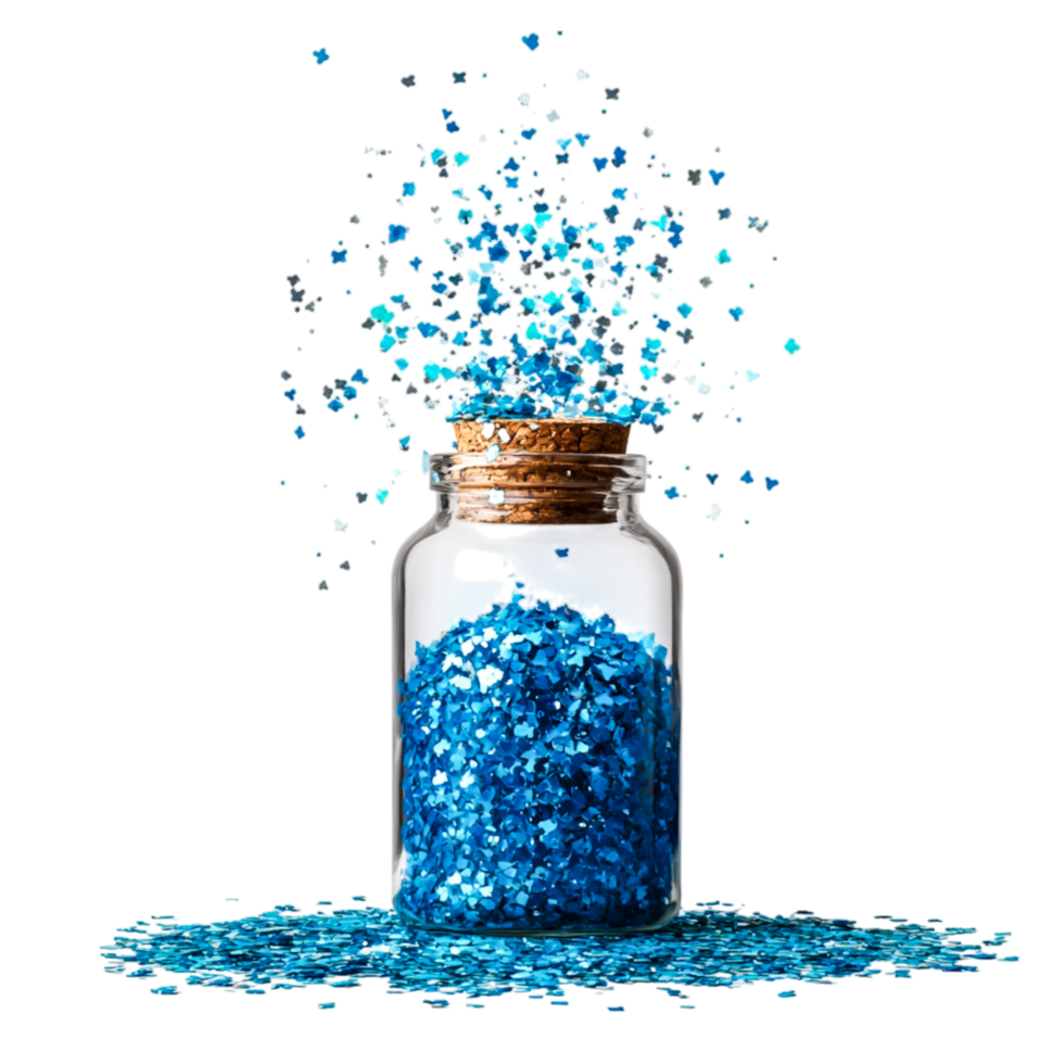 Sparkling Blue Glitter in Clear Jar with Cork Stopper and Sprinkles png