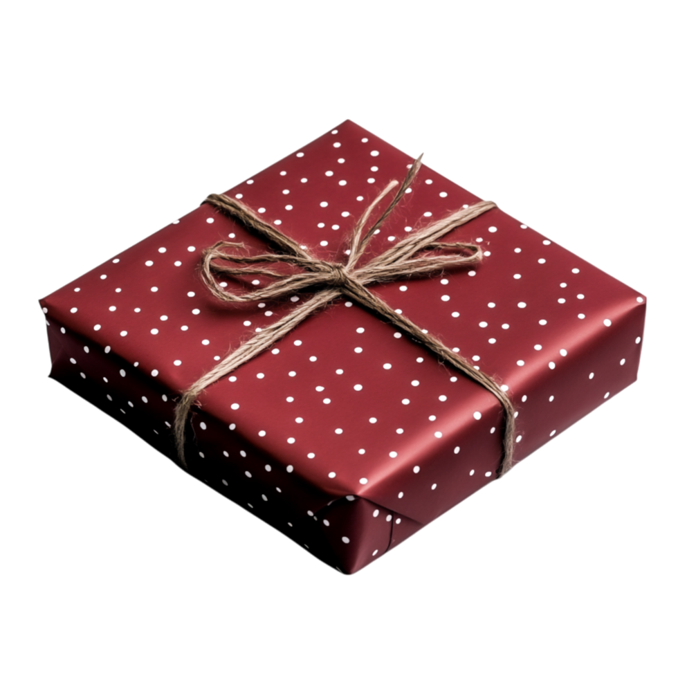 Wrapped Red Gift Box with Polka Dots and Twine Bow for Celebration png