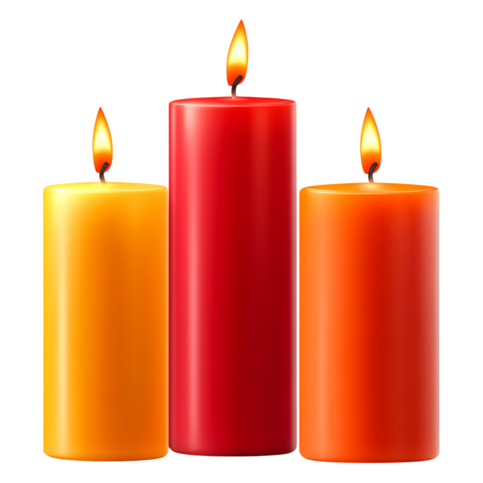 Brightly Colored Candles with Flames in Decorative Arrangement png