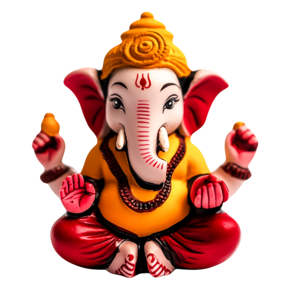 Colorful Ganesh Idol Sitting in a Traditional Pose with Decor png