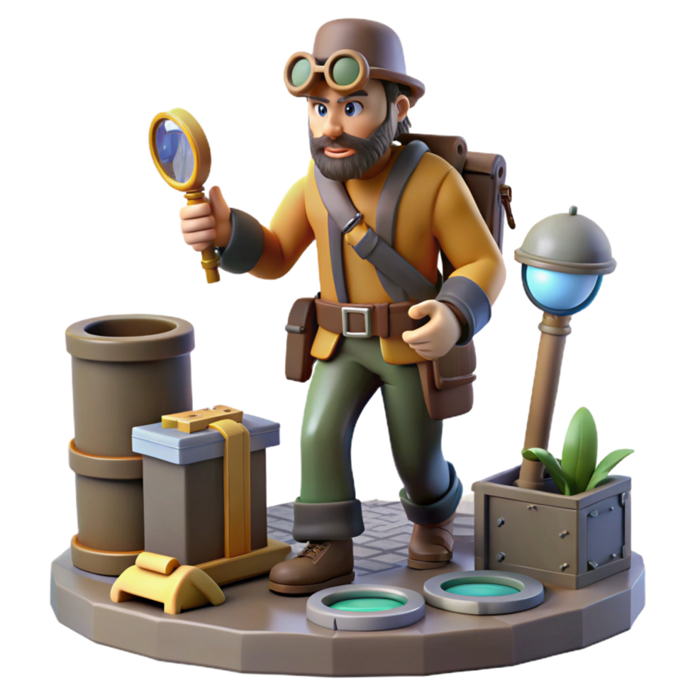 3D Render of an Adventurer with Magnifying Glass Exploring a Mysterious Location png
