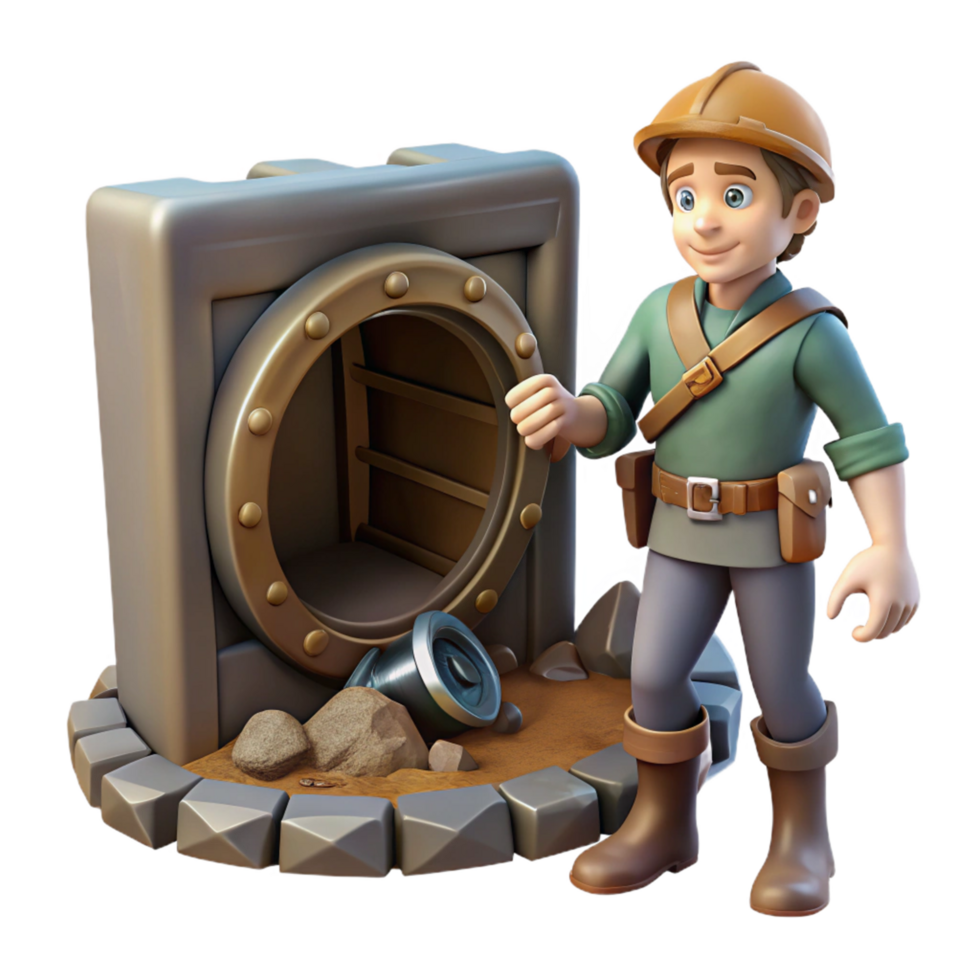 Cartoon Explorer Discovering a Hidden Underground Vault png