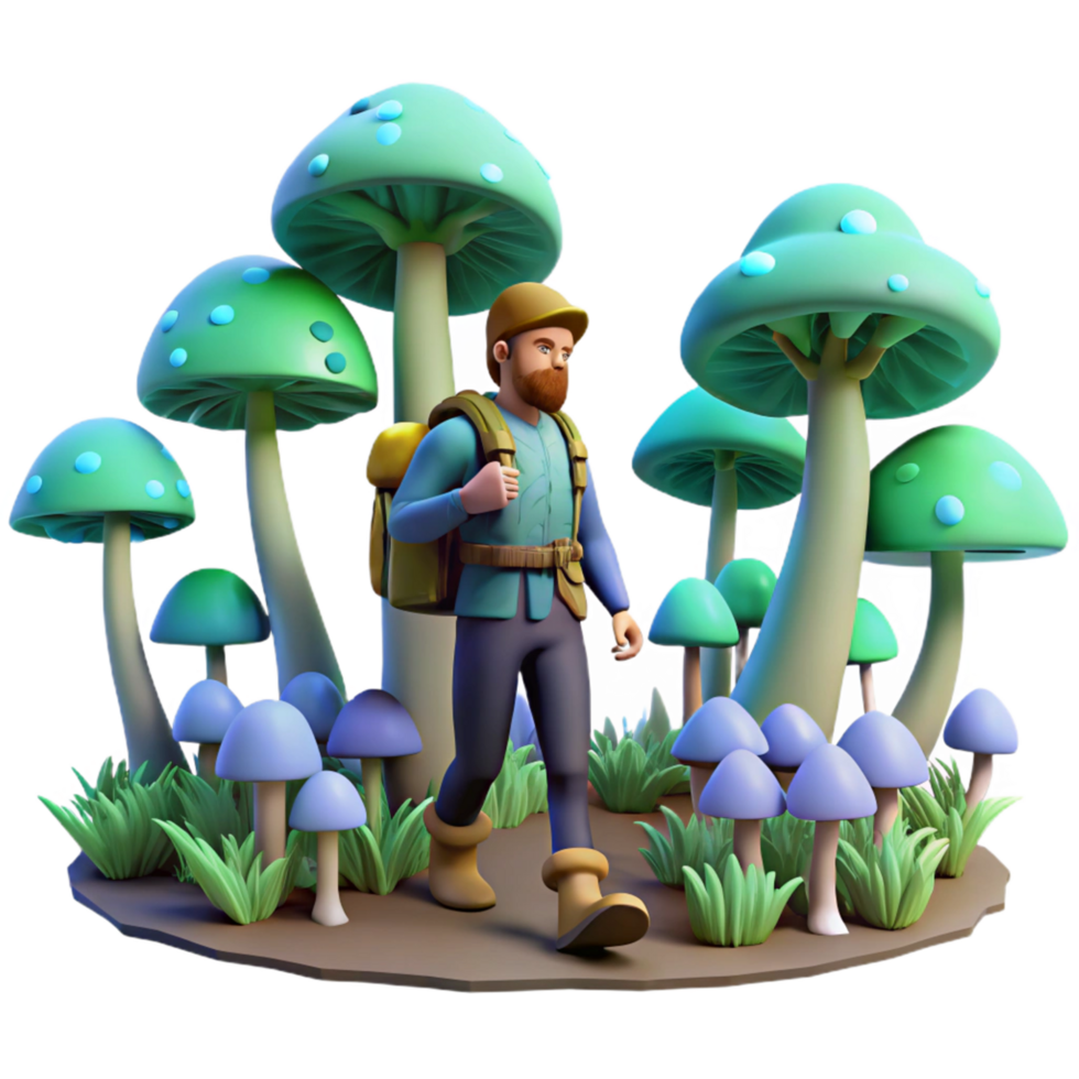 3D Render of Hiker Exploring a Magical Mushroom Forest png