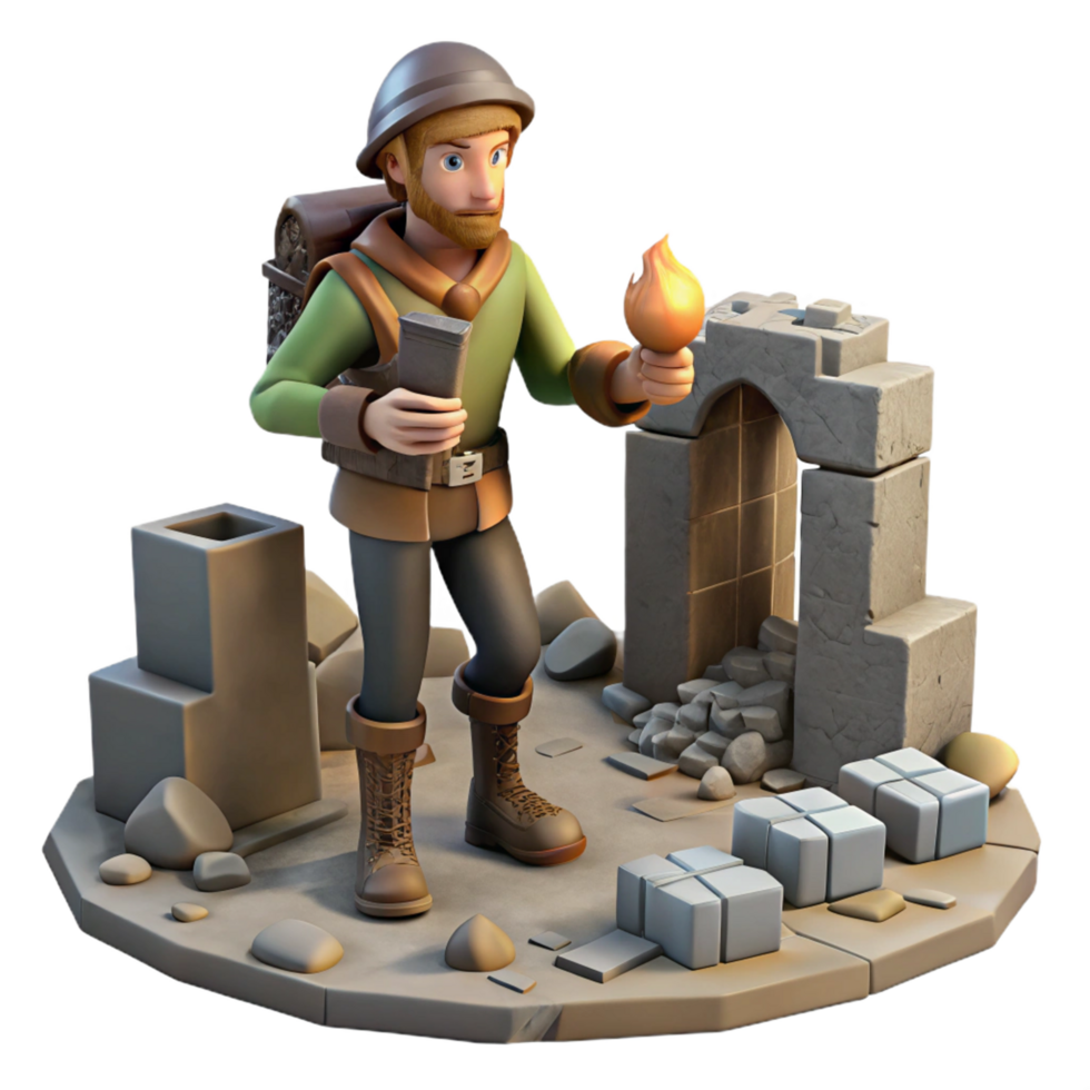 3d render do aventureiro explorando ruínas com tocha png