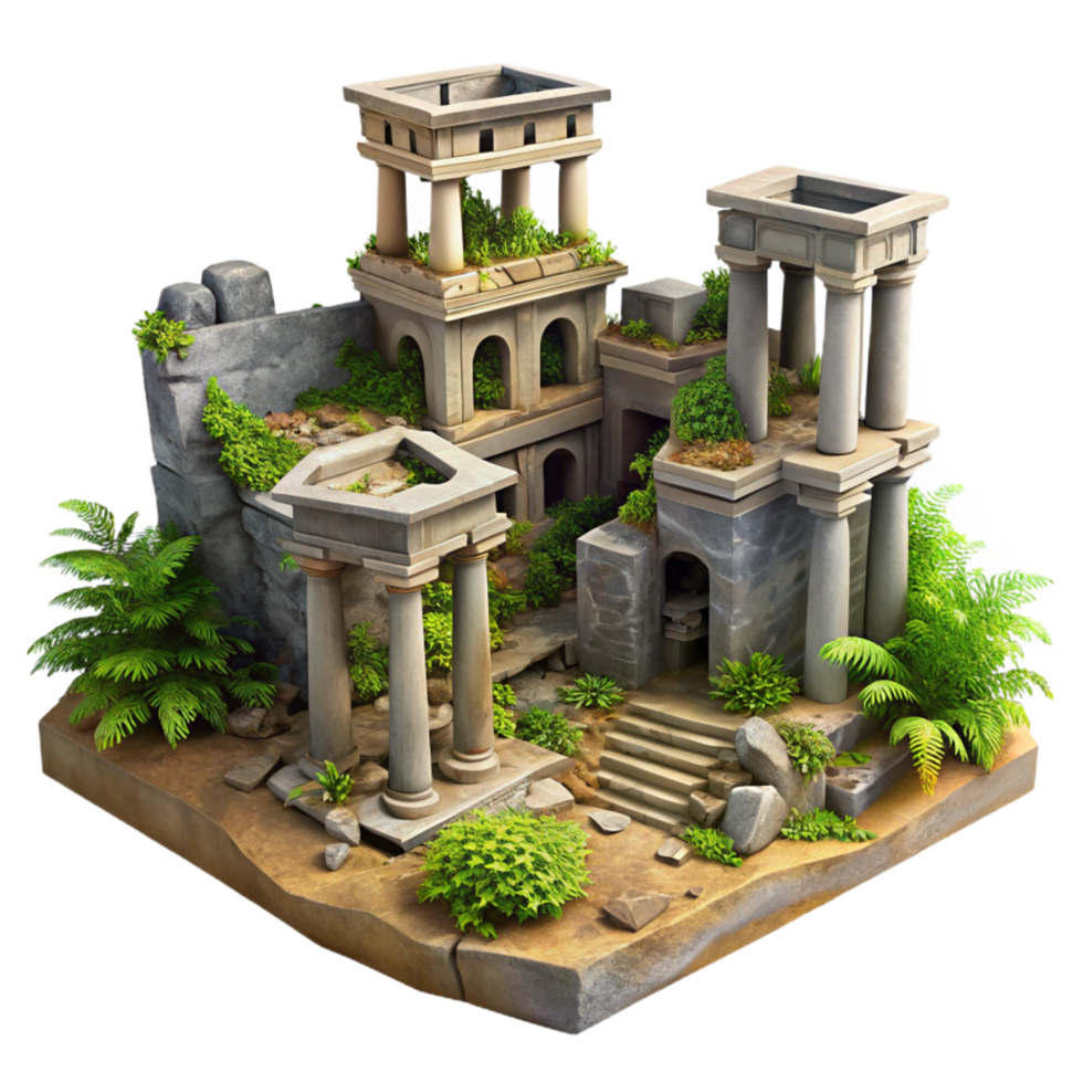 Overgrown Ancient Ruins A 3D Model of Stone Structures, Pillars, and Lush Greenery png