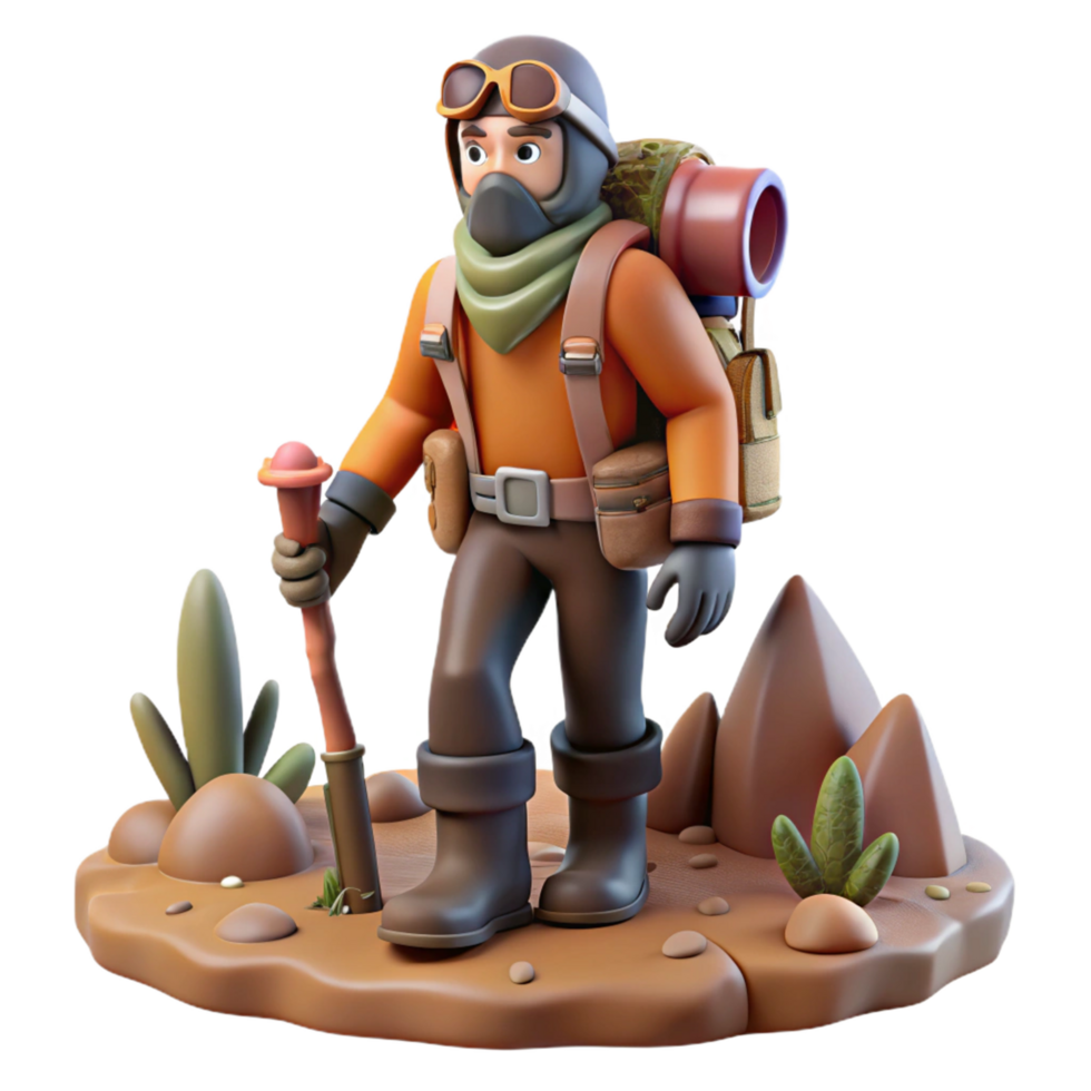 3D Render of Adventurer Exploring Rocky Terrain png