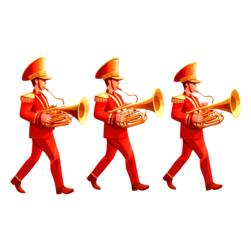 Colorful Marching Band Musicians Playing Brass Instruments in Line png