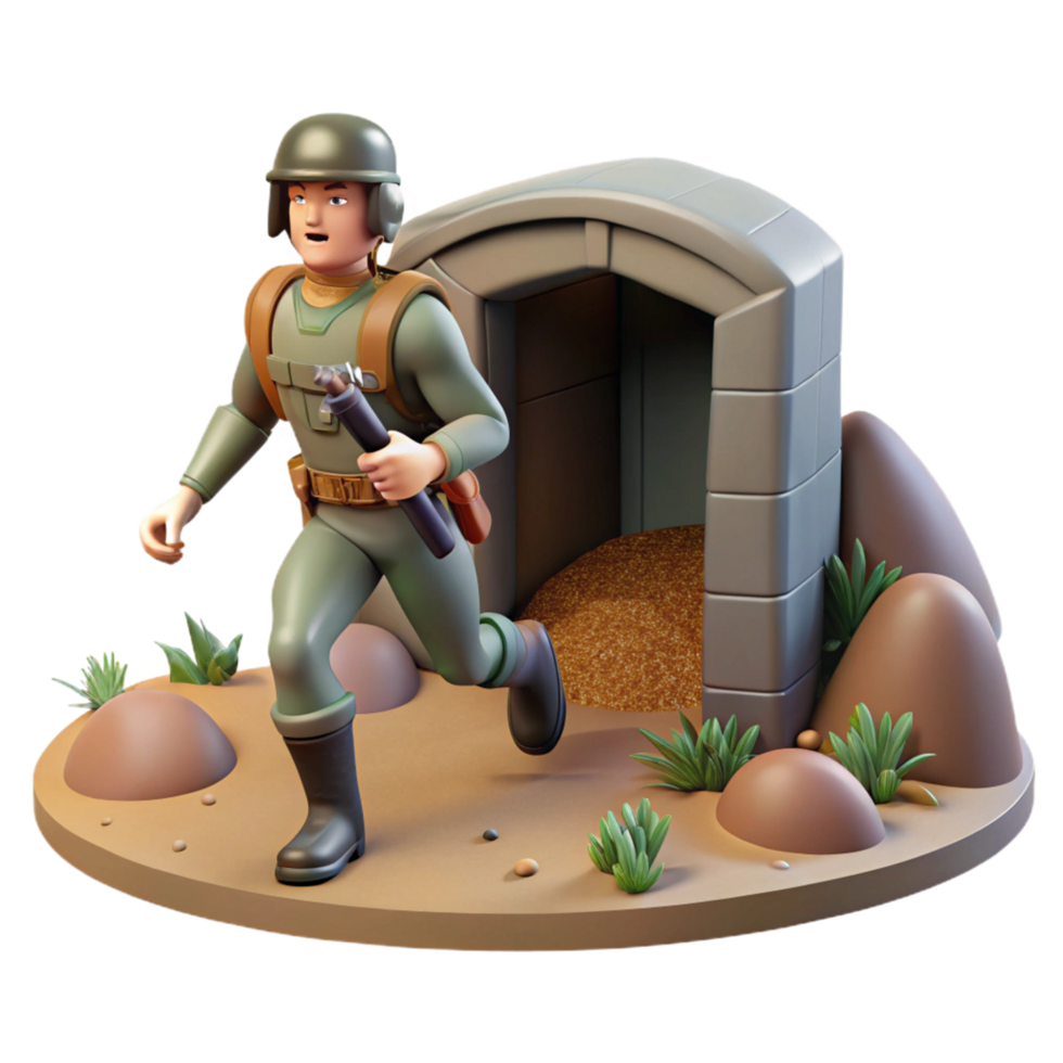 3D Render of Soldier Running Towards Bunker png