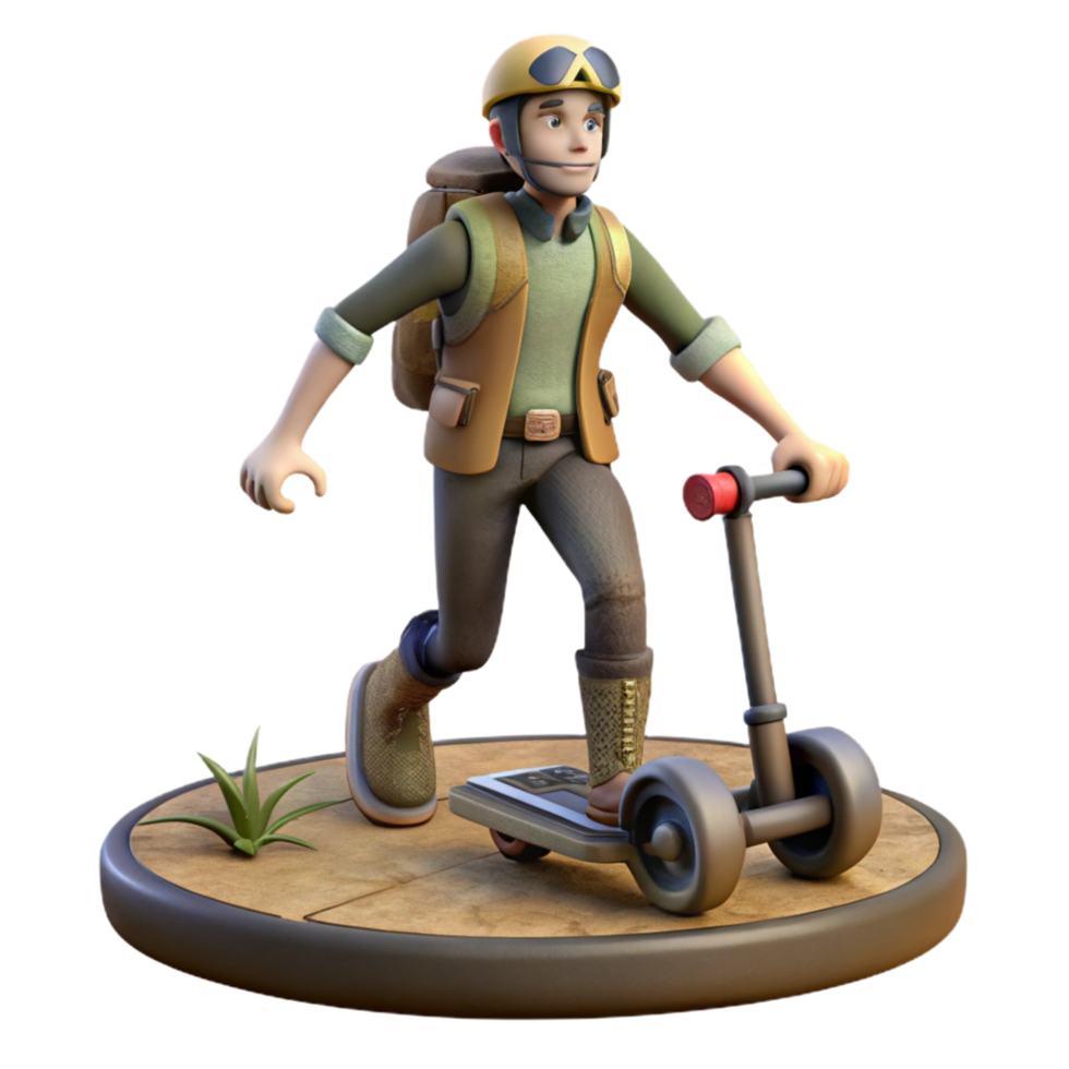 3D Render of Adventurer Riding Futuristic Scooter png