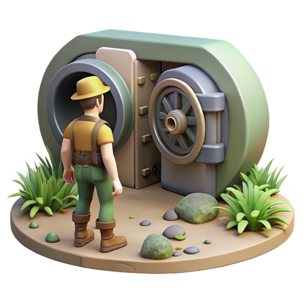 Explorer at Ancient Vault 3D Render of Hidden Treasure png
