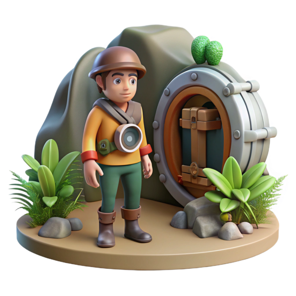 3D Render of Explorer at Mysterious Cave Entrance png