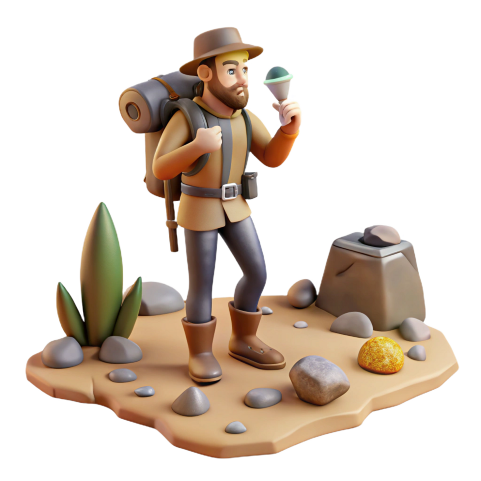 3D Render of Adventurer Exploring Rocky Terrain, Discovering a Gemstone png