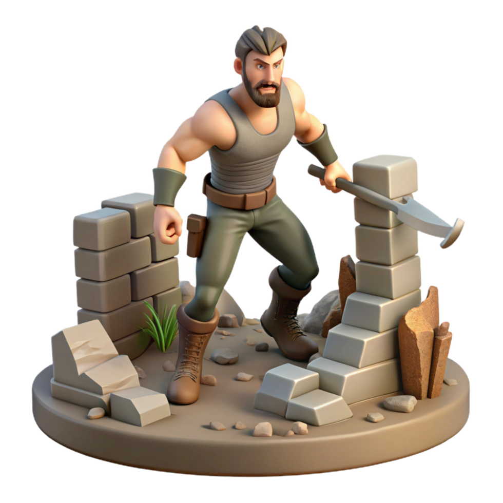 3D Render of a Muscular Adventurer Demolishing Stone Blocks with a Pickaxe png