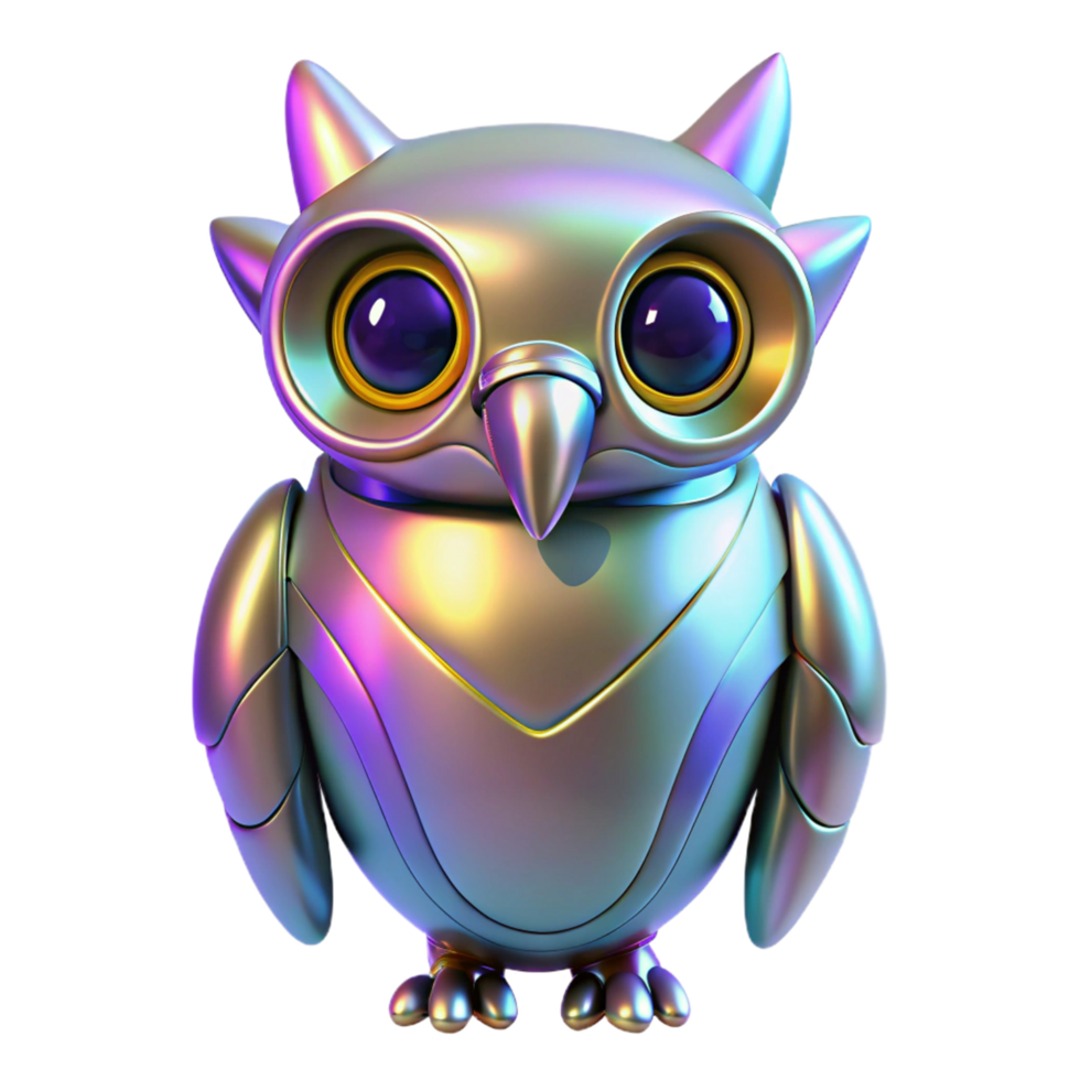 Metallic Owl Robot 3D Render of Iridescent Chrome Avian png