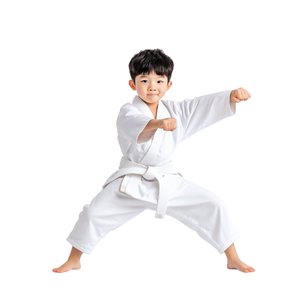 Confident Child in Karate Uniform Performing Martial Arts Pose png