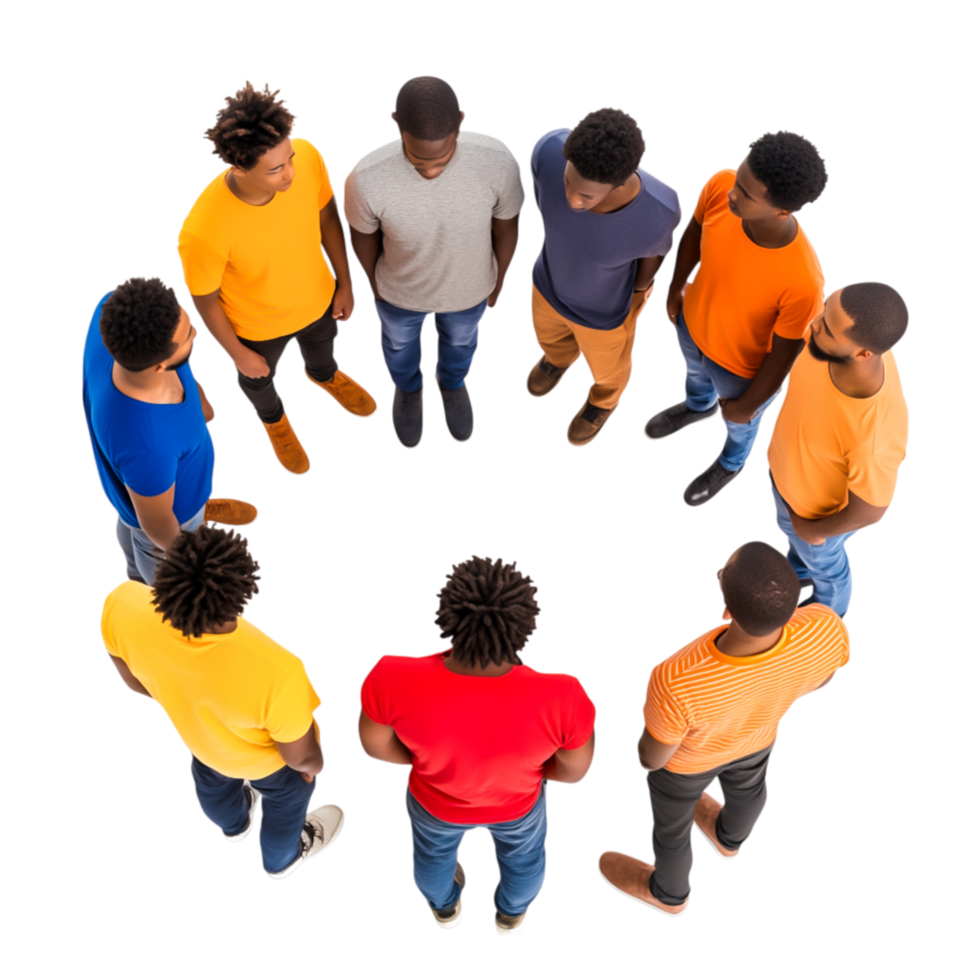 Diverse Group of Men Standing in Circle with Colorful T-Shirts png