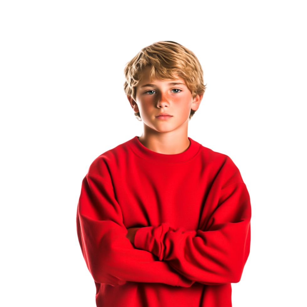 Young Boy with Blond Hair in Red Sweater Crossed Arms Against png