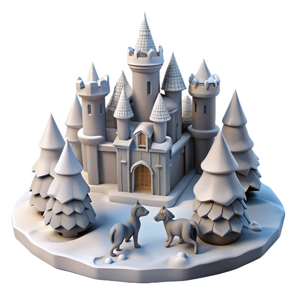 Winter Castle Scene 3D Render of a Fairytale Castle with Snowy Trees and Animals png