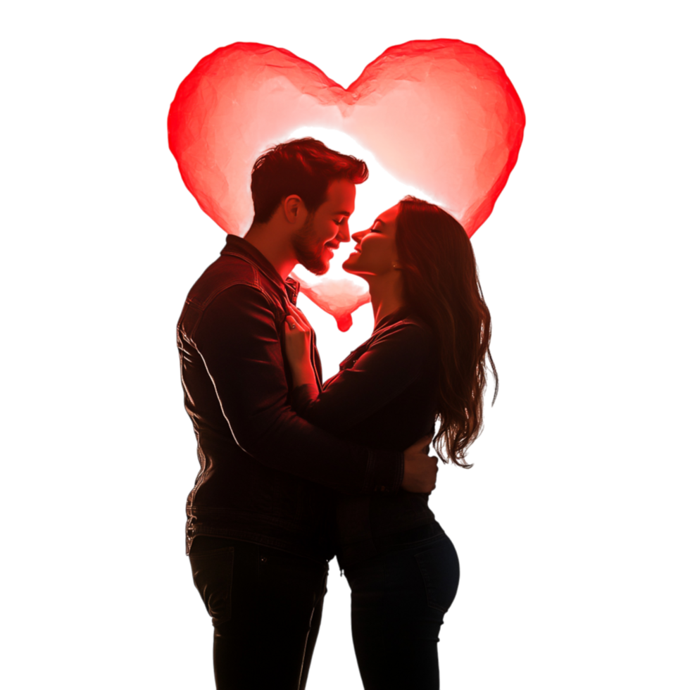 Romantic couple kissing with heart-shaped background glow png