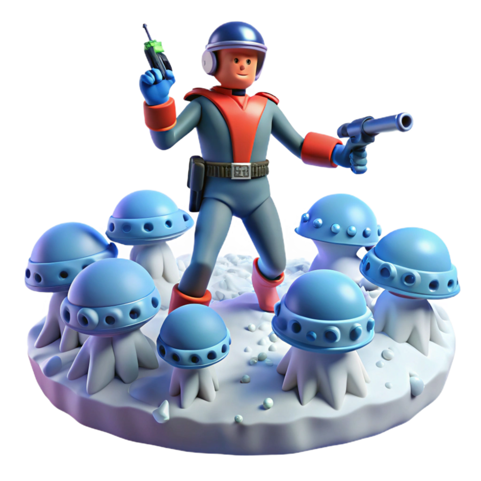 Retro Space Explorer and Alien Flora 3D Render png