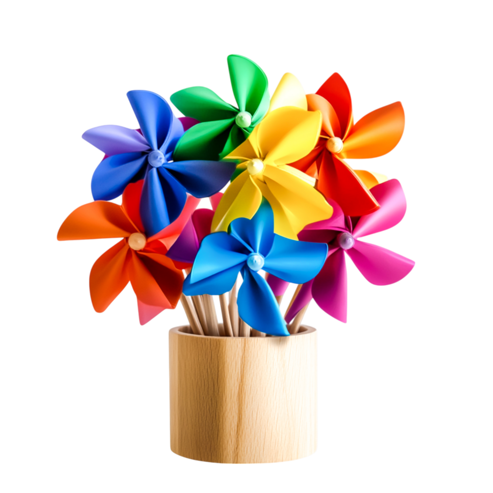 Colorful Decorative Pinwheels in a Wooden Pot for Playful Vibes png