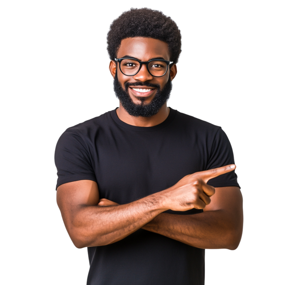 Smiling Man with Glasses Pointing to the Side with Confidence png
