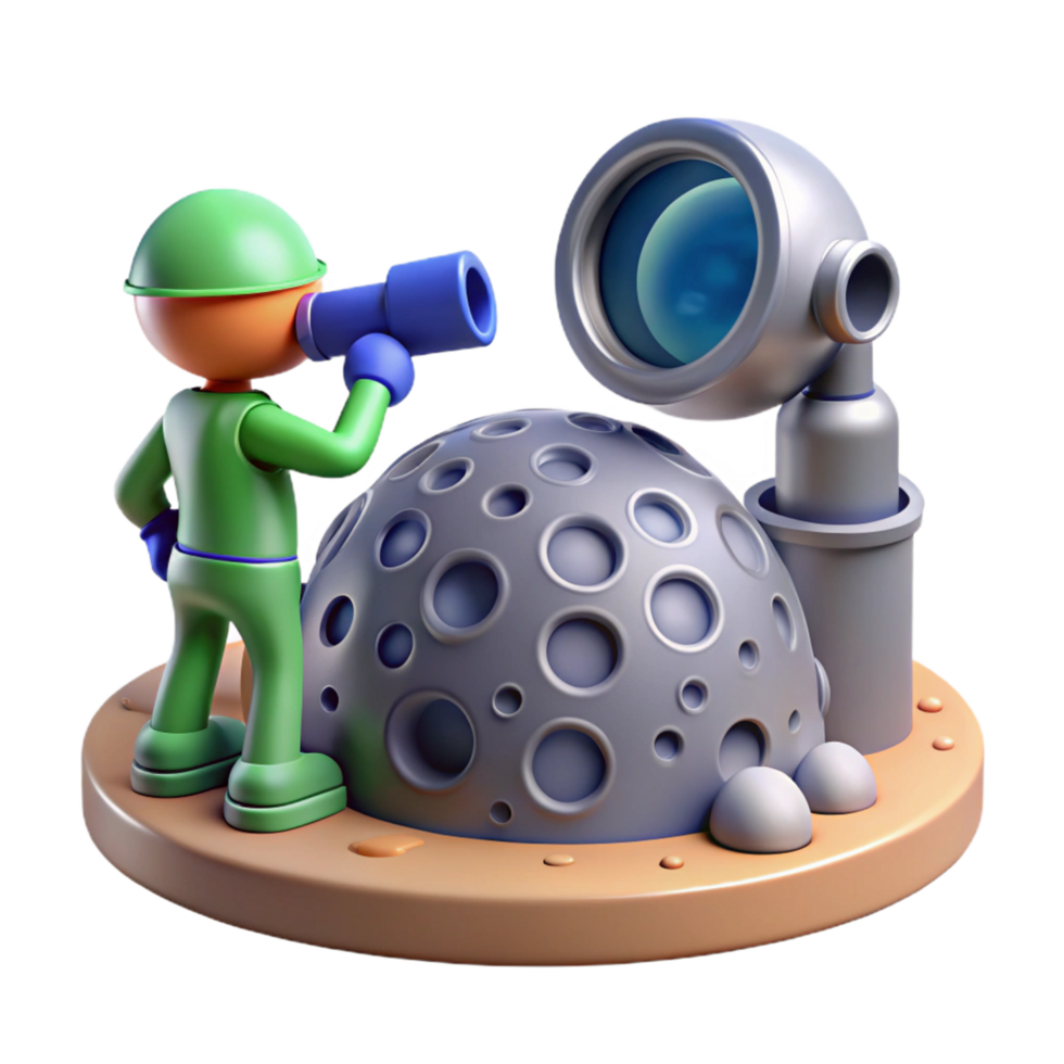 astronauta explorando lua cratera com telescópio e observatório png